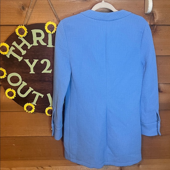 Zara Textured Mini Sweater Button Tunic Dress Pockets Couture Blue Gold Medium - Picture 7 of 9